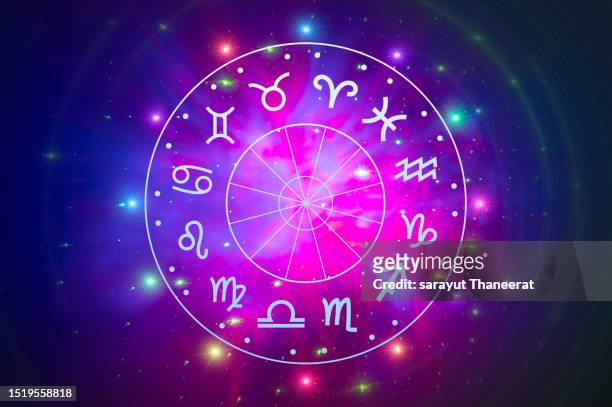 zodiac signs inside of horoscope circle. astrology in the sky with many stars and moons  astrology and horoscopes concept - fortune telling stock pictures, royalty-free photos & images