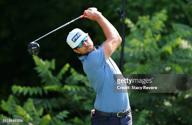 Scott Harrington of the United States plays his shot from the second tee during the first round of the John Deere Classic at TPC Deere Run on July...