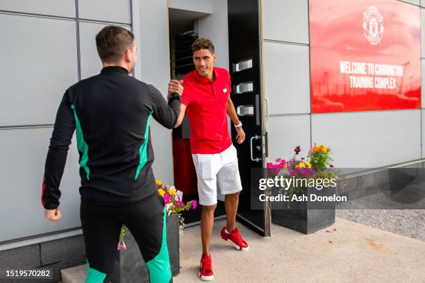 Raphael Varane of Manchester United arrives for pre-season training at Carrington Training Ground on July 06, 2023 in Manchester, England.