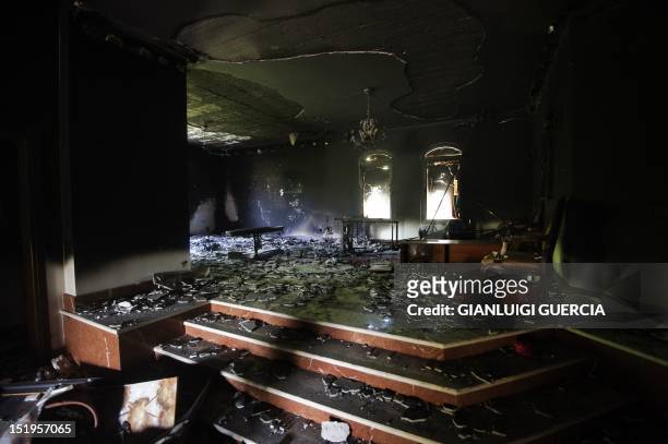 Picture shows damage inside the burnt US consulate building in Benghazi on September 13 following an attack on the building late on September 11 in...