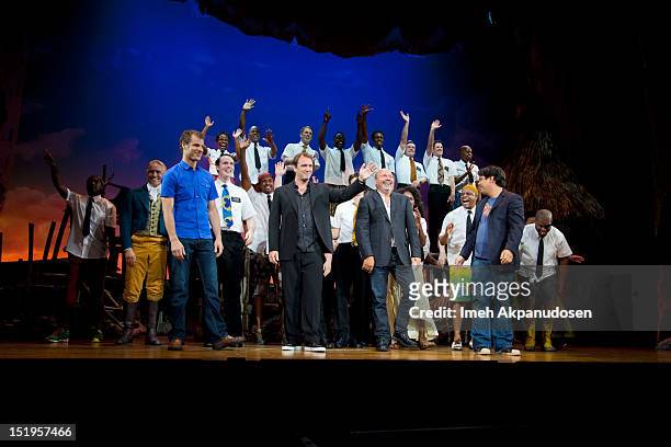 Screenwriter Matt Stone, director Trey Parker, director Casey Nicholaw, and composer Robert Lopez attend the premiere of 'The Book Of Mormon' at the...