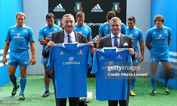 President Giancarlo Dondi and MD Adidas South Europe Jean-Michel Granier during the unveiling of the Italian Rugby Federation's new adidas kit on...