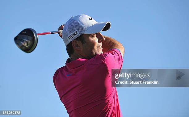 Francesco Molinari of Italy plays a shot during the first round of the BMW Italian open at Royal Park Golf & Country Club on September 13, 2012 in...