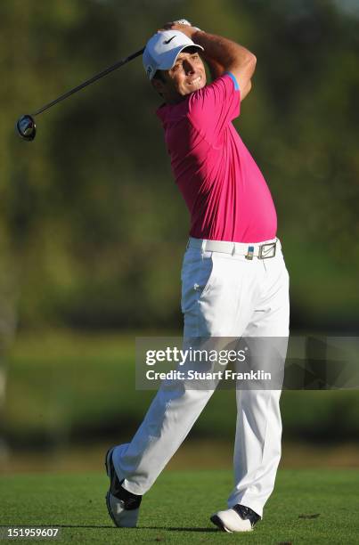 Francesco Molinari of Italy plays a shot during the first round of the BMW Italian open at Royal Park Golf & Country Club on September 13, 2012 in...