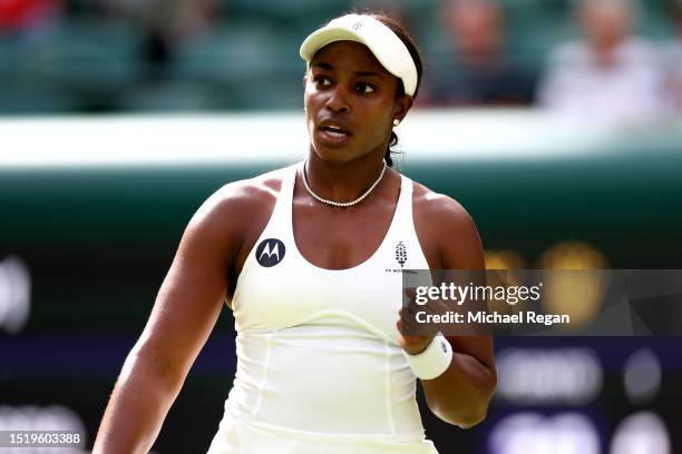 Sloane Stephens of United States celebrates against Donna Vekic of Croatia in the Women's Singles second round match during day four of The...