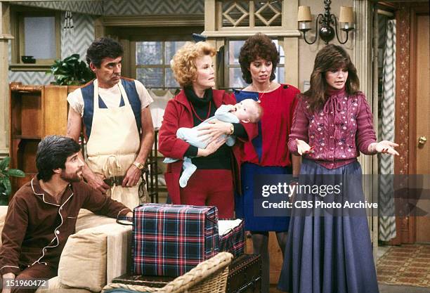 Shown here, from left, Michael Lembeck as Max Horvath, Pat Harrington as Dwayne Schneider, Nanette Fabray as Grandma Katherine Romano with baby,...