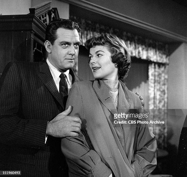 Raymond Burr and Barbara Hale . Episode: "Case of the Green-Eyed Sister" Image dated November 22, 1957.