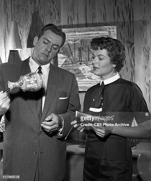 The Case of the Lucky Loser" Raymond Burr as Perry Mason and Barbara Hale as Della street. Image dated June 30, 1958.