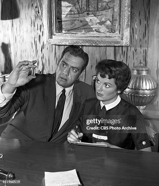 The Case of the Lucky Loser" Raymond Burr as Perry Mason and Barbara Hale as Della street. Image dated June 30, 1958.