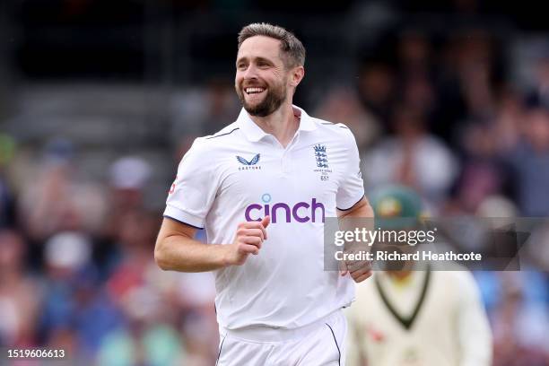 Chris Woakes of England celebrates dismissing Travis Head of England during Day One of the LV= Insurance Ashes 3rd Test Match between England and...