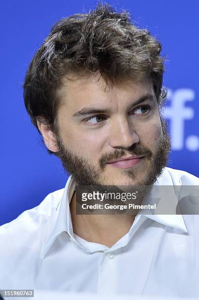 Actor Emile Hirsch speaks onstage at the "Twice Born" Press Conference during the 2012 Toronto International Film Festival at TIFF Bell Lightbox on...