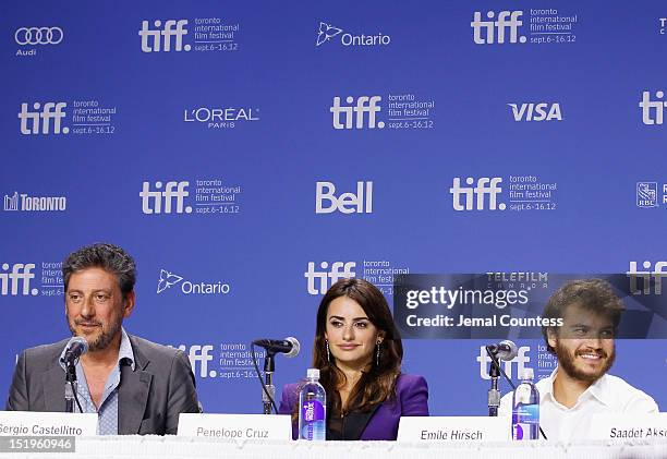 Director Sergio Castellitto, actress Penélope Cruz and actor Emile Hirsch speak onstage at the "Twice Born" Press Conference during the 2012 Toronto...