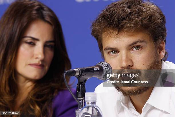 Actress Penélope Cruz and actor Emile Hirsch speak onstage at the "Twice Born" Press Conference during the 2012 Toronto International Film Festival...