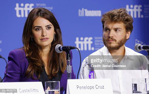 Actress Penélope Cruz and actor Emile Hirsch speak onstage at the "Twice Born" Press Conference during the 2012 Toronto International Film Festival...