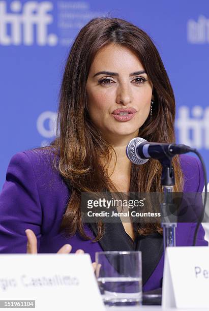 Actress Penélope Cruz speaks onstage at the "Twice Born" Press Conference during the 2012 Toronto International Film Festival at TIFF Bell Lightbox...
