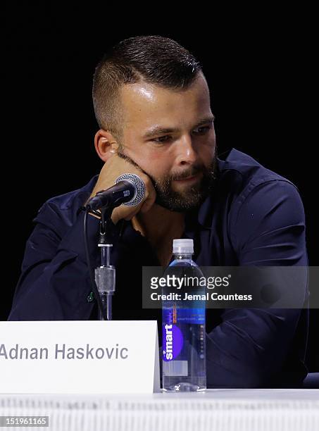 Actor Adnan Haskovic speaks onstage at the "Twice Born" Press Conference during the 2012 Toronto International Film Festival at TIFF Bell Lightbox on...