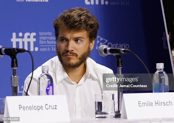 Actor Emile Hirsch speaks onstage at the "Twice Born" Press Conference during the 2012 Toronto International Film Festival at TIFF Bell Lightbox on...