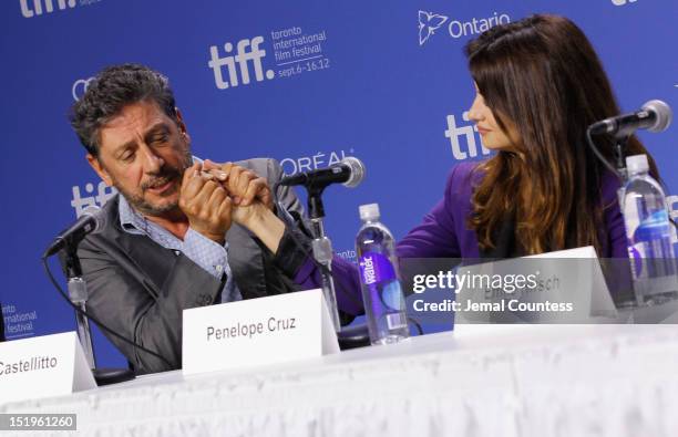 Director Sergio Castellitto and actress Penélope Cruz speak onstage at the "Twice Born" Press Conference during the 2012 Toronto International Film...