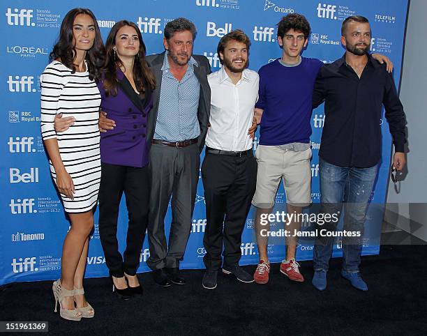 Actresses Saadet Aksoy, Penélope Cruz, director Sergio Castellitto, actors Emile Hirsch, Pietro Castellitto and Adnan Haskovi attend the "Twice Born"...
