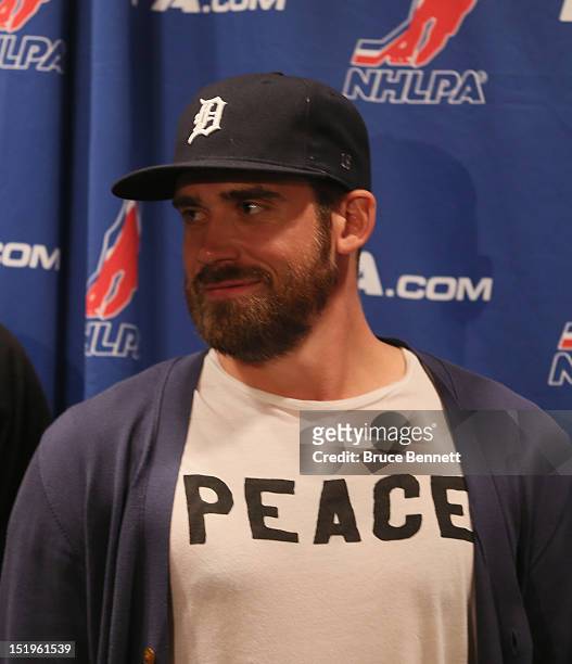 Henrik Zetterberg of the Detroit Red Wings speaks with the media following the NHLPA meeting at Marriott Marquis Times Square on September 13, 2012...