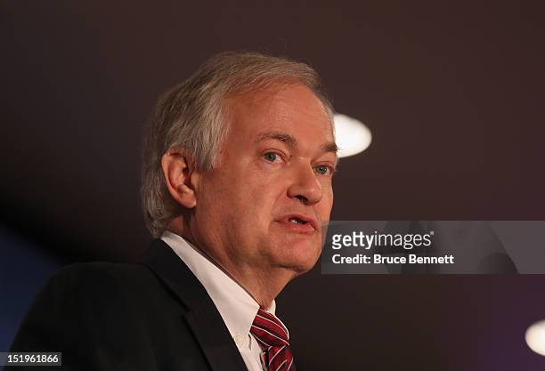 Don Fehr, executive director of the National Hockey League Players Association meets with the media at Marriott Marquis Times Square on September 13,...