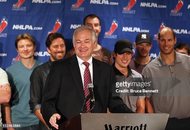 Don Fehr, executive director of the National Hockey League Players Association meets with the media at Marriott Marquis Times Square on September 13,...