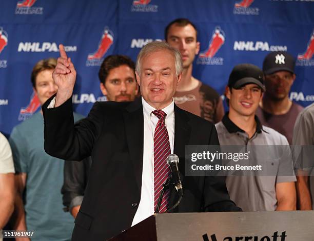 Don Fehr, executive director of the National Hockey League Players Association meets with the media at Marriott Marquis Times Square on September 13,...