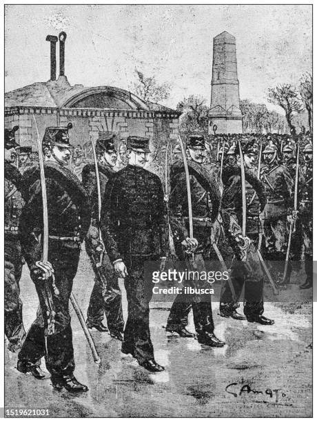 antique image from british magazine: degradation of captain dreyfus, marching the prisoner to the "parade d'execution" - alfred dreyfus stock illustrations