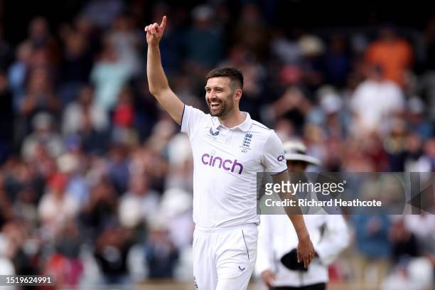 Mark Wood of England celebrates dismissing Mitchell Starc of Australia during Day One of the LV= Insurance Ashes 3rd Test Match between England and...
