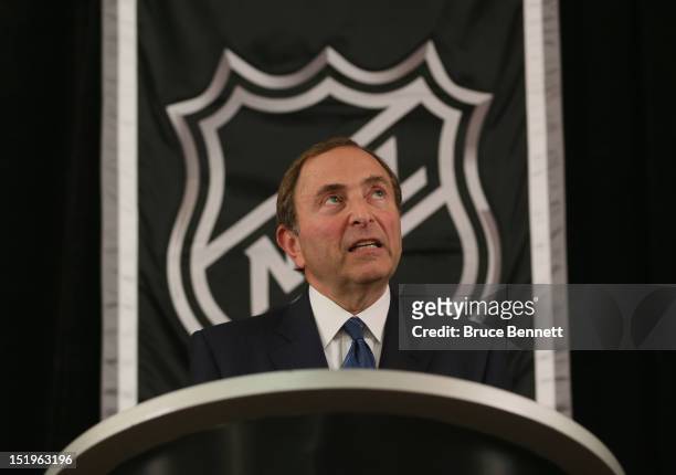Commissioner Gary Bettman of the National Hockey League speaks to the media at Crowne Plaza Times Square on September 13, 2012 in New York City.