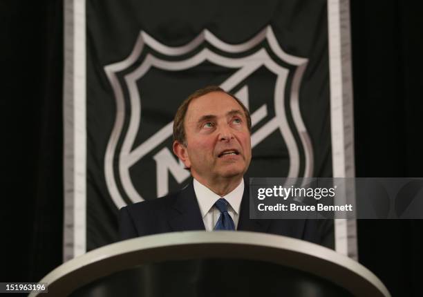 Commissioner Gary Bettman of the National Hockey League speaks to the media at Crowne Plaza Times Square on September 13, 2012 in New York City.