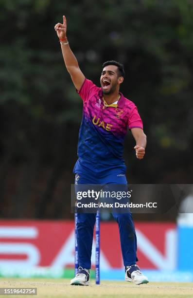 Sanchit Sharma of UAE celebrates the wicket of Ali Khan of USA to win the match during the ICC Men's Cricket World Cup Qualifier Zimbabwe 2023 9th...