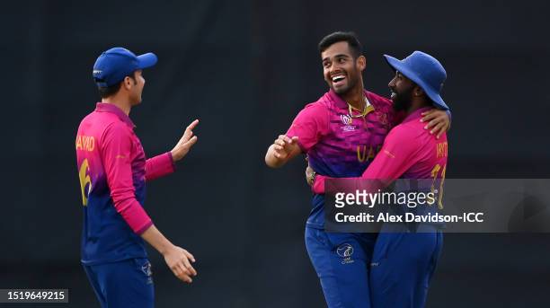 Sanchit Sharma of UAE celebrates the wicket of Ali Khan of USA to win the match during the ICC Men's Cricket World Cup Qualifier Zimbabwe 2023 9th...