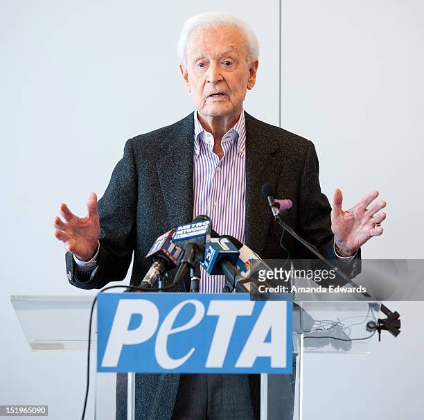 Game show host Bob Barker hosts a press conference to reform the "No Animals Harmed" Movie Label at The Bob Barker Building on September 13, 2012 in...
