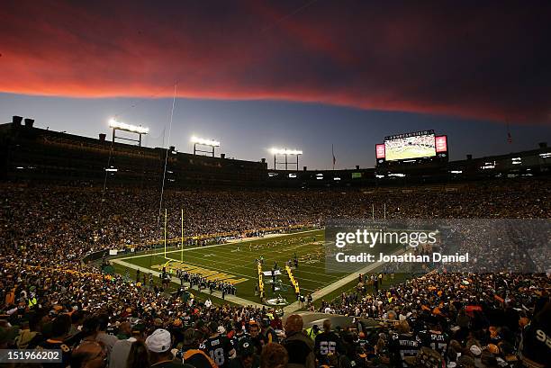 General view of Lambeau Field as fans arrive before the game between the Green Bay Packers and the Chicago Bears on September 13, 2012 in Green Bay,...