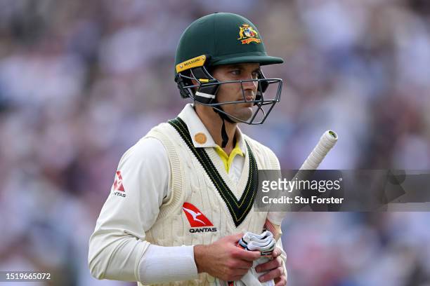 Alex Carey of Australia leaves the field after being dismissed by Mark Wood of England during Day One of the LV= Insurance Ashes 3rd Test Match...