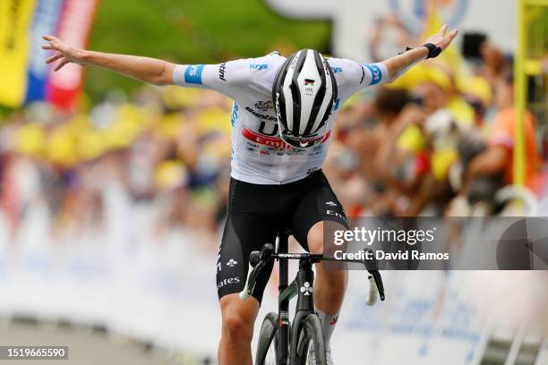 Tadej Pogacar of Slovenia and UAE Team Emirates - White Best Young Rider Jersey celebrates at finish line as stage winner during the stage six of the...