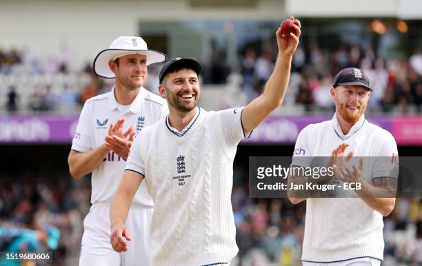 Mark Wood of England holds up the ball after taking a five wicket haul during Day One of the LV= Insurance Ashes 3rd Test Match between England and...