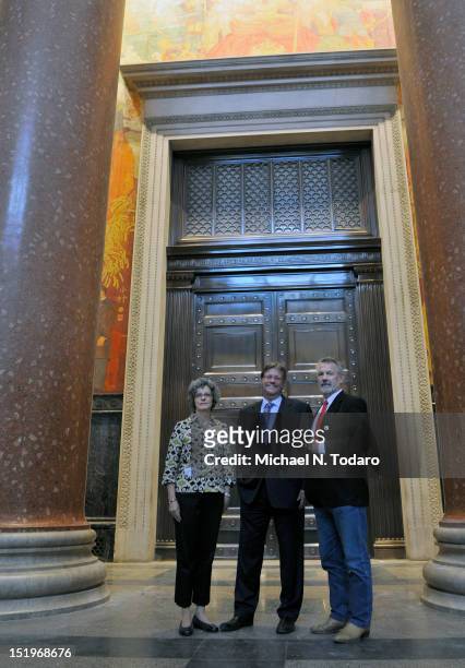 Kim Lovejoy, Michael Novacek and David Hearst Thomas attend the Theodore Roosevelt Murals Press Preview at the American Museum of Natural History on...