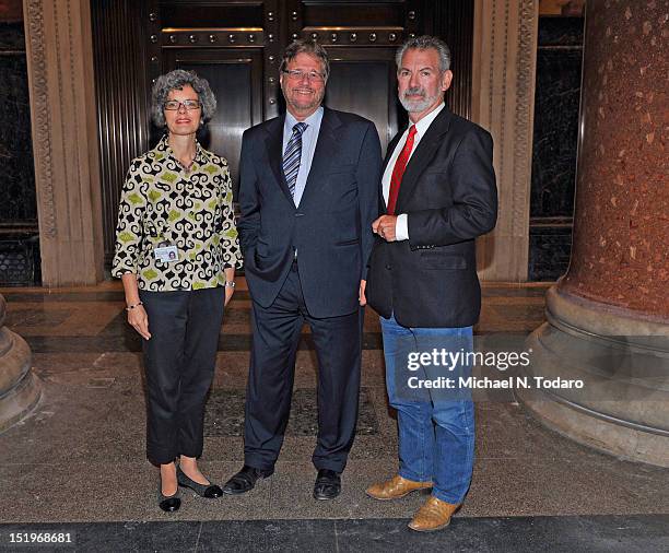 Kim Lovejoy, Michael Novacek and David Hearst Thomas attend the Theodore Roosevelt Murals Press Preview at the American Museum of Natural History on...