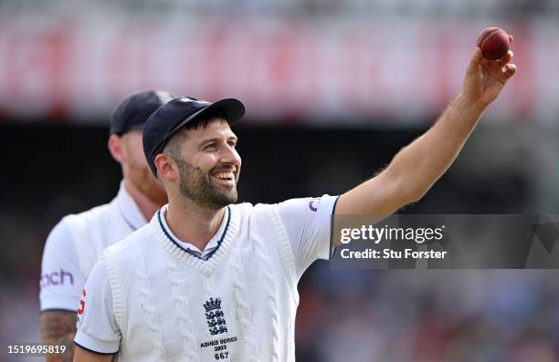 Mark Wood of England holds up the ball after taking a five wicket haul during Day One of the LV= Insurance Ashes 3rd Test Match between England and...