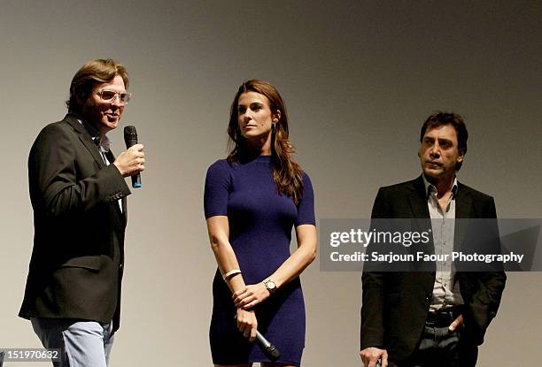 Filmmaker Alvaro Longoria, Producer Lilly Hartley and Actor/ Producer Javier Bardem onstage at the "Sons Of The Clouds: The Last Colony" premiere...