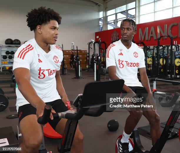 Shola Shoretire, Noam Emeran of Manchester United in action during a pre-season first team training session at Carrington Training Ground on July 06,...