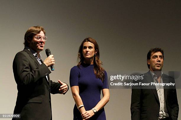 Filmmaker Alvaro Longoria, Producer Lilly Hartley and Actor/ Producer Javier Bardem onstage at the "Sons Of The Clouds: The Last Colony" premiere...