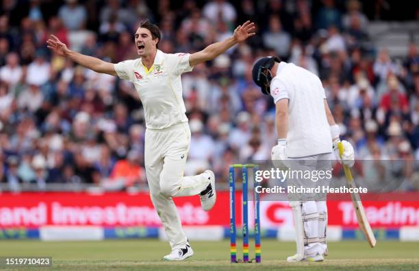 Pat Cummins of Australia celebrates the wicket of Ben Duckett of England during Day One of the LV= Insurance Ashes 3rd Test Match between England and...