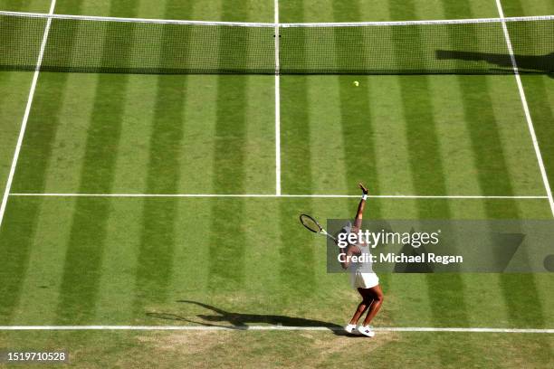 Sloane Stephens of United States serves against Donna Vekic of Croatia in the Women's Singles second round match during day four of The Championships...