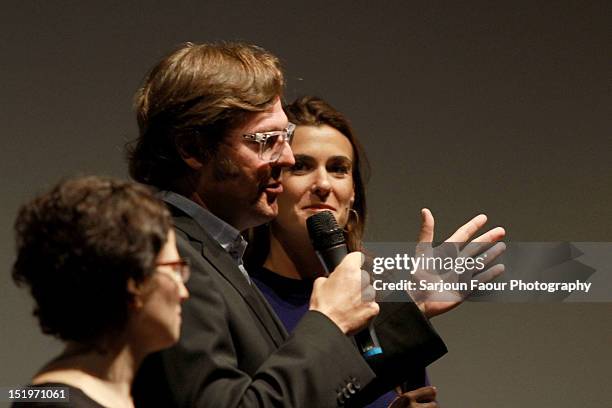 Programmer Diana Sanchez, Filmmaker Alvaro Longoria and Producer Lilly Hartley onstage at the " Sons Of The Clouds: The Last Colony" premiere during...