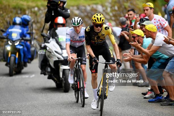 Tadej Pogacar of Slovenia and UAE Team Emirates - White Best Young Rider Jersey and Jonas Vingegaard of Denmark and Team Jumbo-Visma attack during...