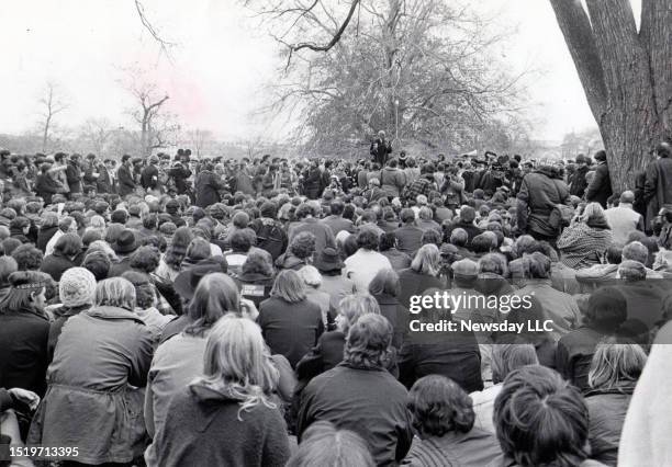 Dr. Benjamin Spock speaks to a group assembled at a Yippie rally opposite the Dept. Of Justice building in Washington, D.C. On November 14, 1969....