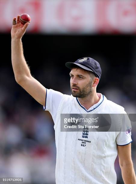 Mark Wood of England holds up the ball after taking a five wicket haul during Day One of the LV= Insurance Ashes 3rd Test Match between England and...